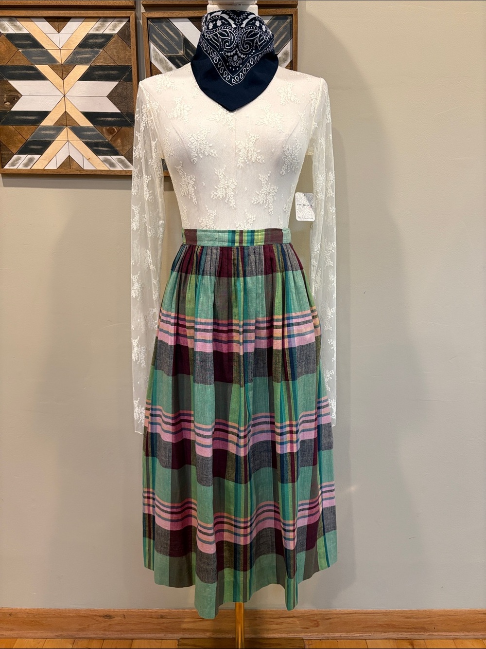 Vintage Ralph Lauren 70s/80s Woven Cotton Plaid Madras Gathered Midi Skirt sz 8